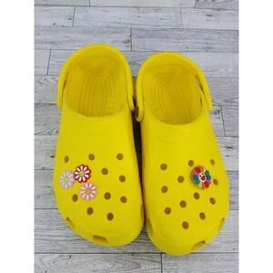 Crocs Iconic Clogs Bright Yellow Slip On Shoes Flower Jibbitz Charms Women's 11